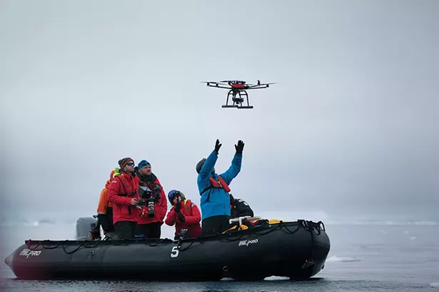 From acoustic monitoring to crossbow biopsies, researchers from UC-Santa Cruz use a variety of technologies to document how marine mammals are impacted by climate change. To study whale populations, the team often employs a custom-designed drone featuring photogrammetry equipment allowing them to study the health of animals from the air. - PHOTO BY MADELINE COTTINGHAM
