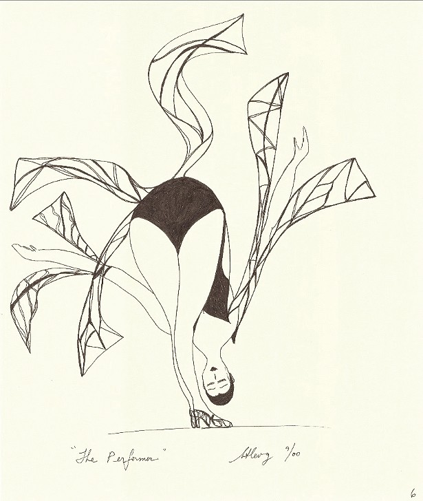 The Performer, Barbara Tepper Levy, pen-and-ink drawing.