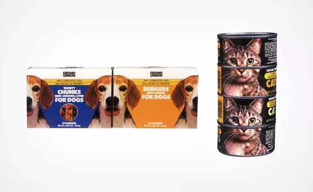 Milton Glaser's overhaul of Grand Union supermarket extended to every aspect of the shopping experience, down to the design of the pet food packaging. - COURTESY MILTONGLASER.COM