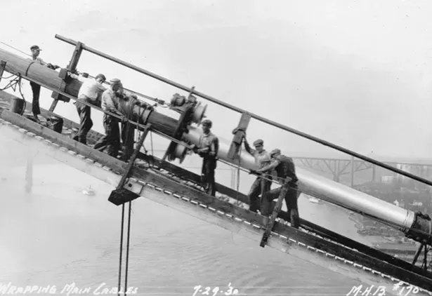 Workers wrapping cable on the Mid-Hudson Bridge in 1930. When it opened, the Mid-Hudson was the sixth longest suspendion bridge in the world. - IMAGE COURTESY OF HISTORIC BRIDGES OF THE HUDSON VALLEY/ARCADIA PUBLISHING