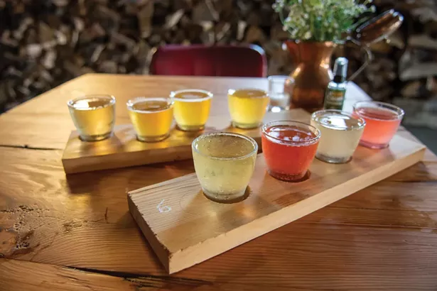 A tasting flight at Left Bank Cider’s tasting room in Catskill.