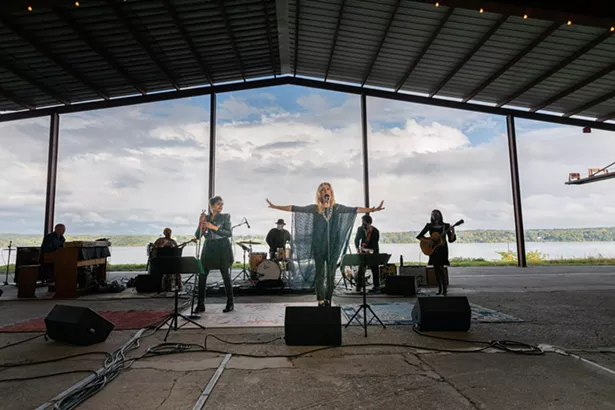 Simi Stone and Justin Vivian Bond perform with, L to R, John Medseki, Meshell Ndegeocello, Ben Perowsky, Dan Littleton, and Story Littleton at Hutton Brickyards for the taping of the Hudson Valley Votes 2020 virtual Get Out the Vote concert. - PHIL MANSFIELD