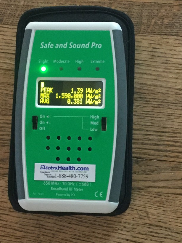 A meter showing measurements from an iPhone 10 with hundreds of times higher EMFs than safe guidelines. - IMAGE COURTESY OF HARRISON BARRITT.