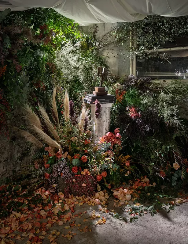Rondout florist Hops Petunia collaborated with Cross Contemporary Partners to bring an oft-ignored, unfinished part of the basement to life. The floral installation was done with live flowers, chosen for their ability to dry gracefully. - PHOTOS BY ARIEL CAMILO