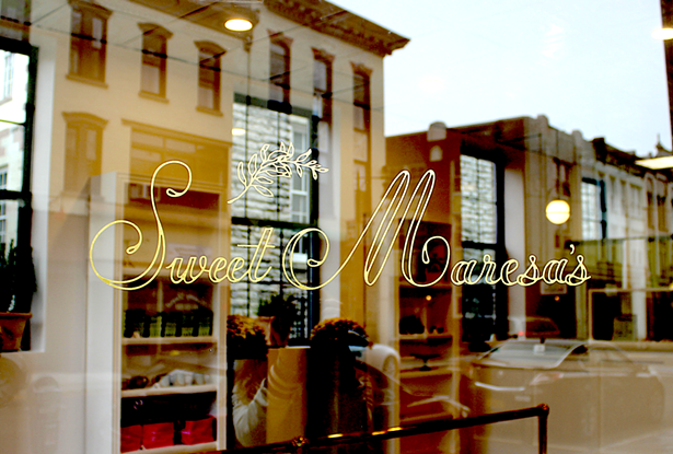 Hand-gilded signage at Uptown Kingston bakery Sweet Maresa's in 23-karat matte gold