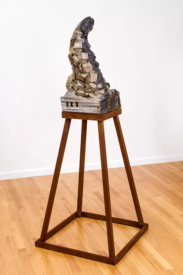 "Injustice Of Silence," wood-fired ceramic, porcelain, glass, steel, 63” x 25” x 25”, 2017