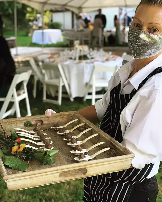 Cathy Foti with minted lamb meatballs with yoghurt raita by Agnes Devereux Catering