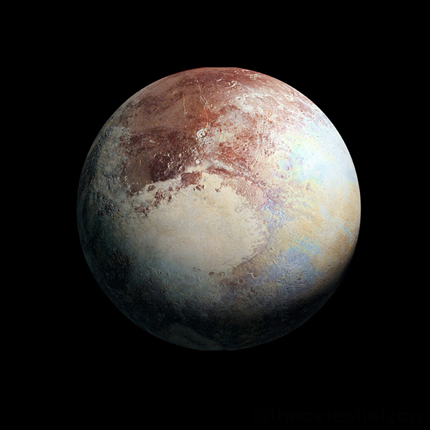 High-resolution MVIC image of Pluto in enhanced color to bring out differences in surface composition