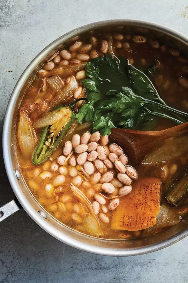 "Until the last bite" offers a recipe for spicy beans with bacon and broth.  