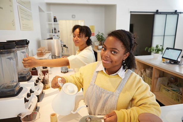 Nia (foreground) and Haile Thomas of Matcha Thomas, a wellness teahouse on Main Street serving vegan and gluten-free drinks and sweets. - DAVID MCINTYRE
