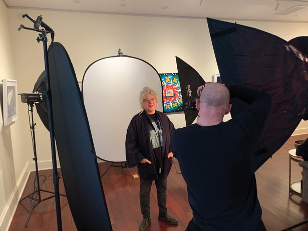 David McIntyre photographing Valerie Fanarjian at the pop-up portrait shoot at Carrie Chen Gallery in Great Barrington on December 11. - PHOTO BY BRIAN K. MAHONEY