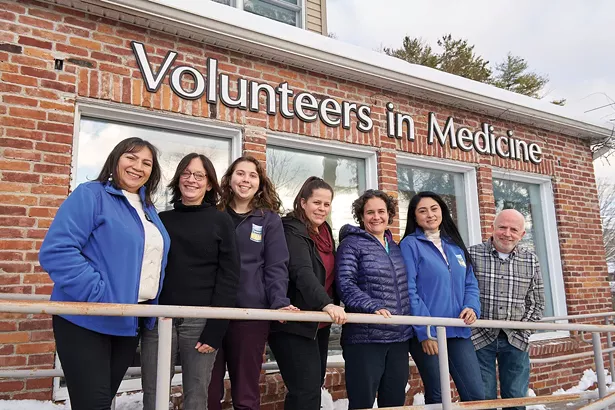 Volunteers in Medicine has been providing access to free, comprehensive health care in Great Barrington since 2004. From left: Gladis Rave, Kelly Baxter Spitz, Hannah Weeks, Natalia DeRuzzio, Ilana Steinhauer, Marcela Urrea, Robert Olsen. - DAVID MCINTYRE