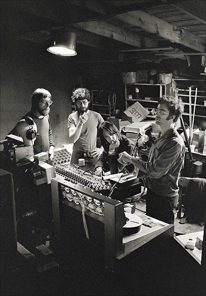 A weary Todd Rundgren at the board during The Band's Stage Fright recording sessions, Woodstock Playhouse, early summer 1970 (left to right: John Taplin, Robbie Robertson, Rundgren, and John Simon - JOHN SCHEELE