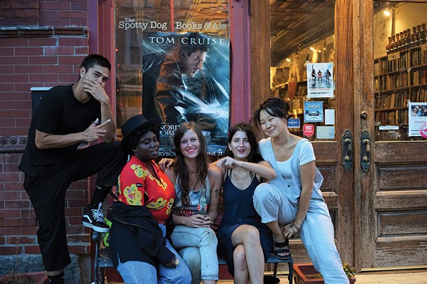 Tomm Roeschlein, Shanekia McIntosh, Sara Beckley, Rebecca Becker, and Enky Bayar in front of The Spotty Dog Books and Ale in Hudson. - JOHN GARAY