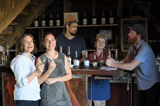 Diane Drew and Michaela Rahimi, chief distiller Christopher Williams, tavern keeper Sarah Jane Young, Mashman, and Brad Nagle at Coppersea Distilling - JOHN GARAY