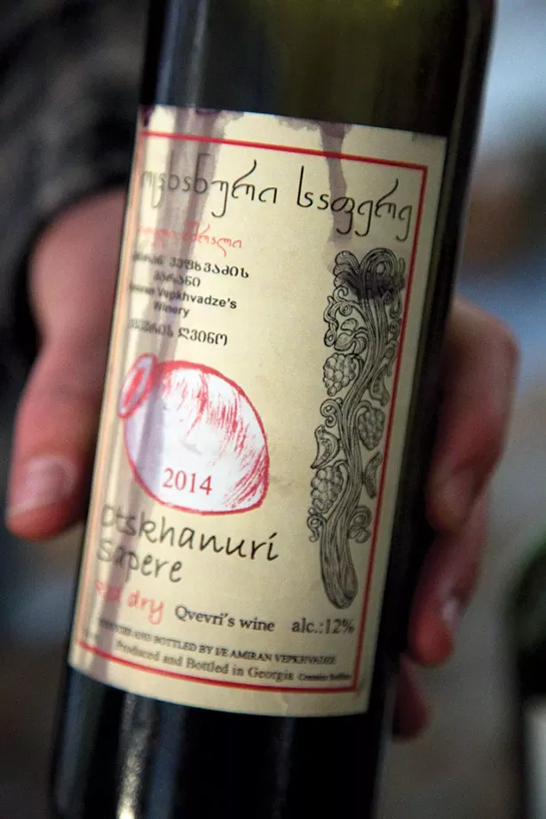 A bottle of Amiran Vepkhvadze’s Otskhanuri Sapere (an ancient variety indigenous to Georgia) which is fermented in Qvevri, or large terracotta amphoras. Winemaking may have originated in Georgia over 8,000 years ago.