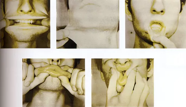 Still from the movie Bruce Nauman: The Godfather of Modern Art, Dir. Robin Dashwood, 2004. Pictured: Bruce Nauman's Pulling Mouth, 1968
