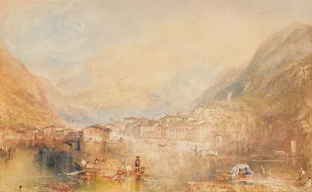 Brunnen, from the Lake of Lucerne, Joseph Mallord William Turner, 1845. Watercolor and gouache on paper, 11 7/16 x 18 3/4 in.