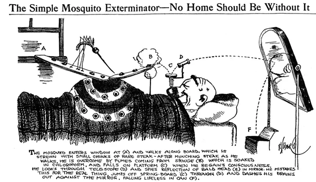 Rube Goldberg (1883-1970), The Simple Mosquito Exterminator, 1912. Syndicated nationally on July 17, 1912.