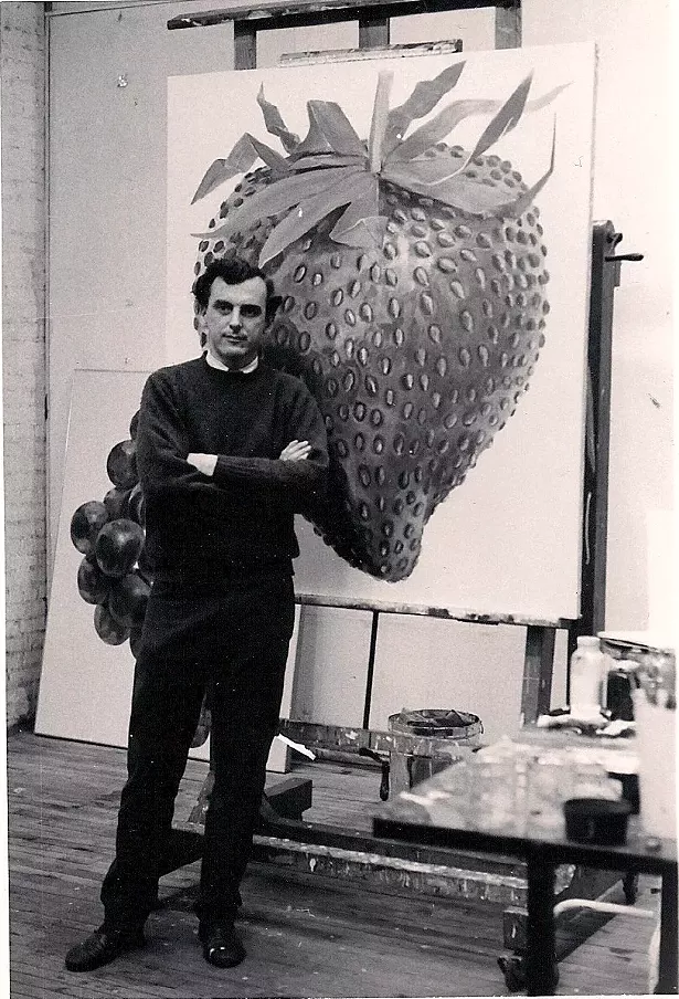 Don in his studio at 463 Broome Street in NYC in 1964 with his painting Strawberry.