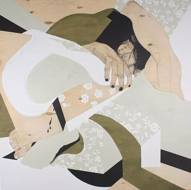 Cold Feet, graphite, acrylic, and wallpaper on wood. 2018.