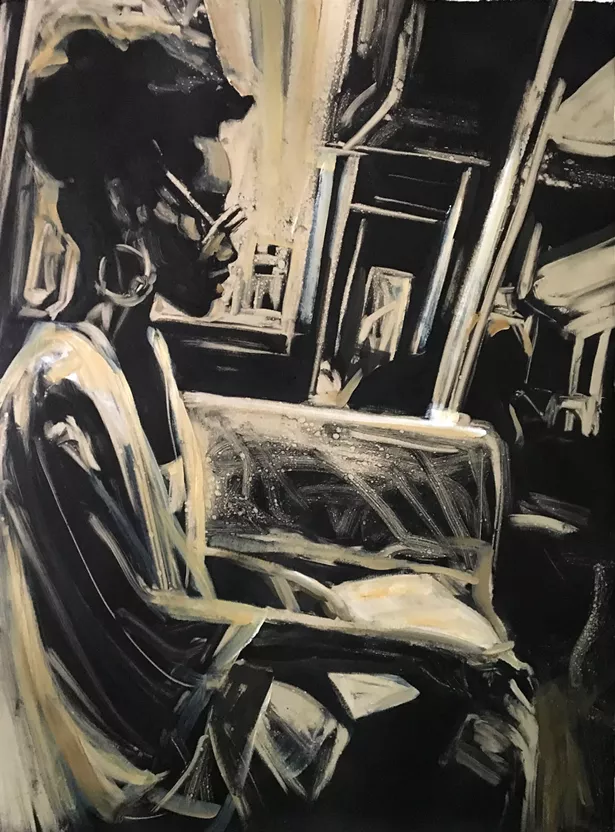 Woman on a Subway, Monoprint, 22" x 30" Printed by the Lisbeth Firmin at Castle Hill, 2018