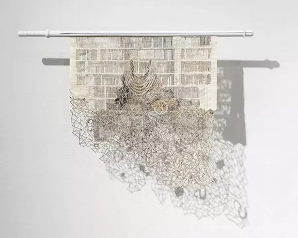 Shanti Grumbine, Surplus De-acidified New York Times newspaper, matte medium, UV spray coat, newspaper stick, spray paint, 2017