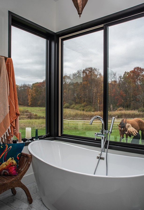 The first-floor master bathroom looks out over the fields and paddock. Outside, Schmidt’s daughter enjoys some time with Chestnut. One of the home’s requirements was space for the horse, who was brought over from Kerhonkson and has remained in the family. The property came with a barn, which Schmidt has been slowly renovating. - PHOTO: DEBORAH DEGRAFFENREID