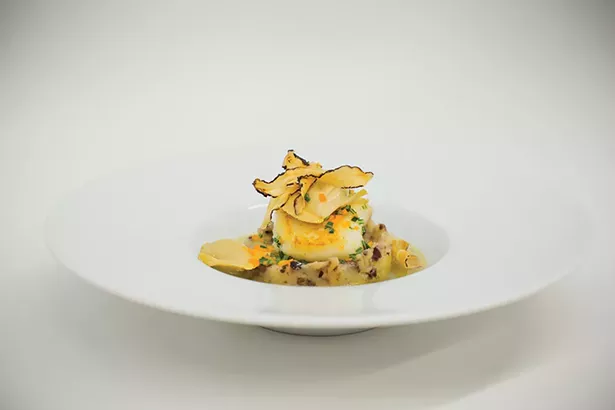 Roasted halibut over olive fingerlings and salsify chips at Liberty Street Bistro in Newburgh - PHOTOS BY MARY KELLY