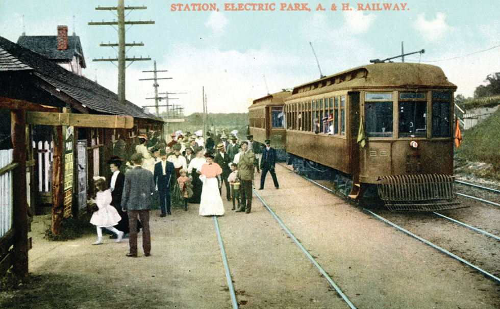 Albany-Hudson Railway trolleys dropping passengers off at “Electric Park” on Kinderhook Lake, c.1900-1929.