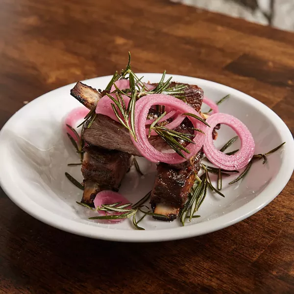 Lamb ribs with fried rosemary and pickled onions at Dolly's Restaurant in Garrison, NY.