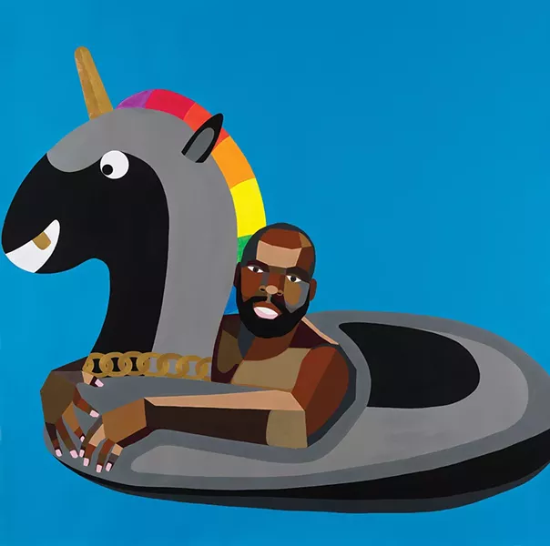 Floater 80, a painting by Derrick Adams from the - exhibition “Buoyant,” which was scheduled to run through June 14 at Hudson River Museum in - Yonkers.