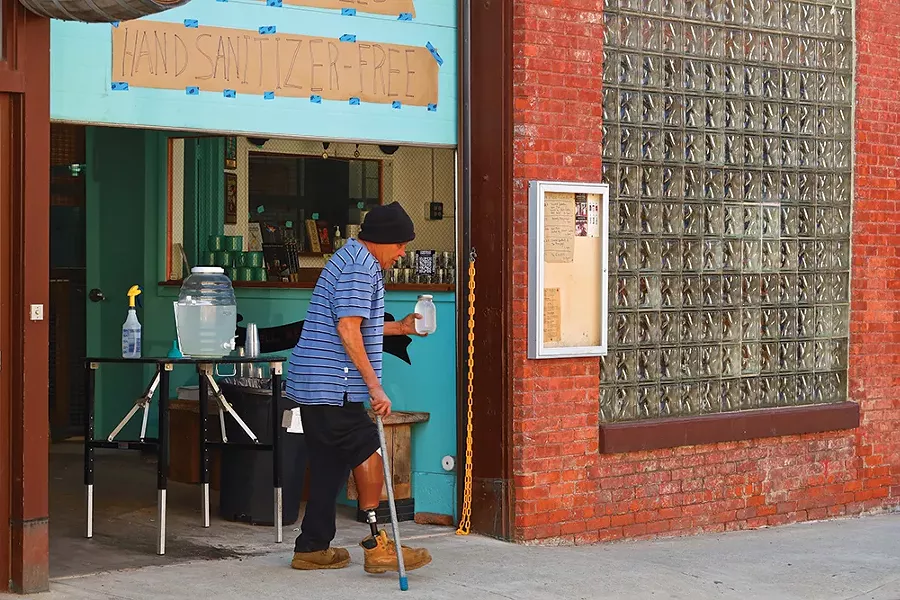 The Denning’s Point Distillery had to shut down its bar and concert space, but in early - April it was offering eight-ounce portions of - 160-proof hand sanitizer for free. - PHOTO BY ROSS CORSAIR