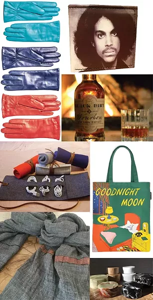 Clockwise from top right: Prince leather wallet from Tender Land Home in Phoenicia, Bourbon from Black Dirt Distillery, Goodnight Moon tote bag from The Golden Notebook, stone keepsake boxes from Hudson Home, linen scarves by Libeco from Hudson Home, handmade felt pouches from Rural Residence in Hudson, Paper Trail's wool-lined leather gloves from Hestra in Sweden.