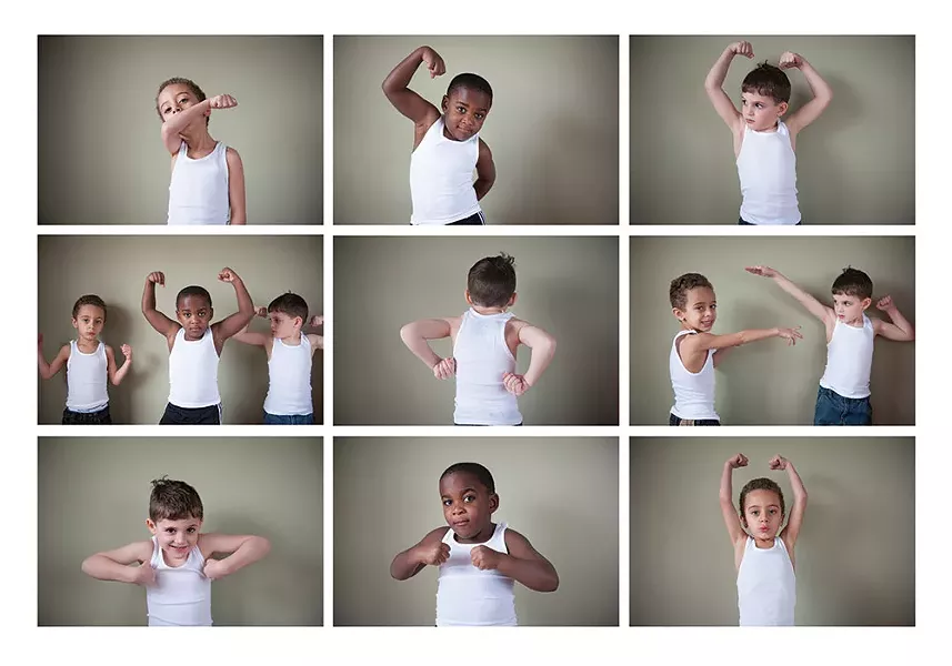 Preschooler's Logan, Judah, and Iggy flex their "guns". Boys are often taught that their bodies are weapons. - HILARY HARVEY