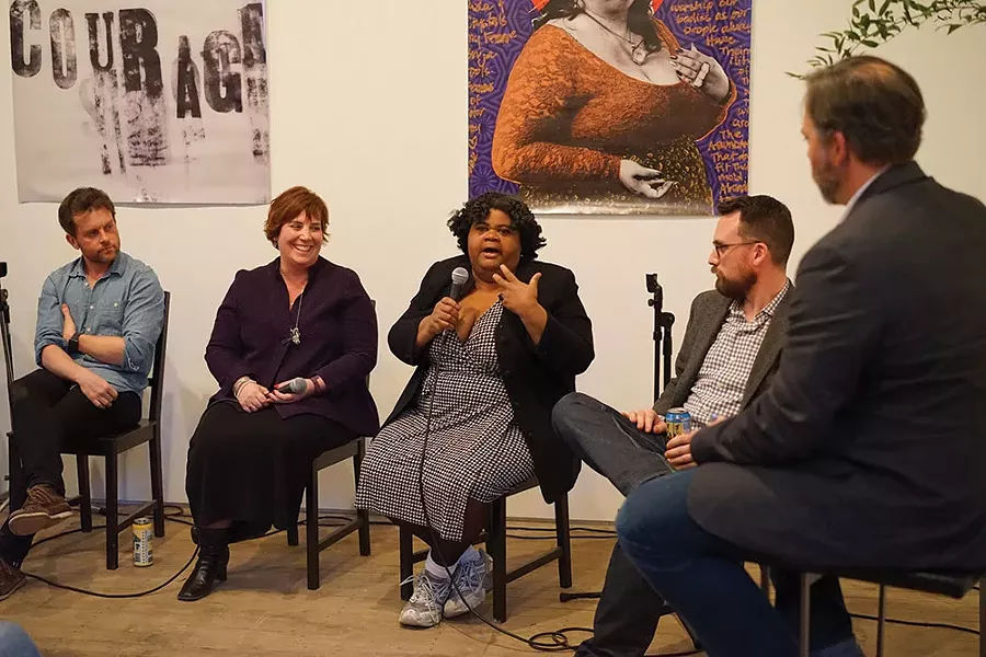 Paul Halayko of Newburgh Brewing Company, Cathy Collins of Habitat for Humanity, event promoter and activist Aquanetta Wright, and attorney Austin Dubois speaking on the panel with Brian K. Mahoney. - JOHN GARAY