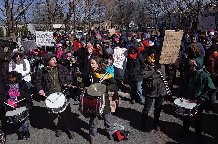 Megan Quinn (on bass drum) leads Tin Horn Uprising at the People's March for Education Justice on March 4 at Academy Green Park in Kingston. - FIONN REILLY