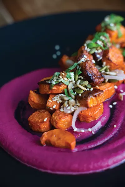 Winter carrots with honey, cilantro, beet, and sesame puree. - CHRISTINE ASHBURN