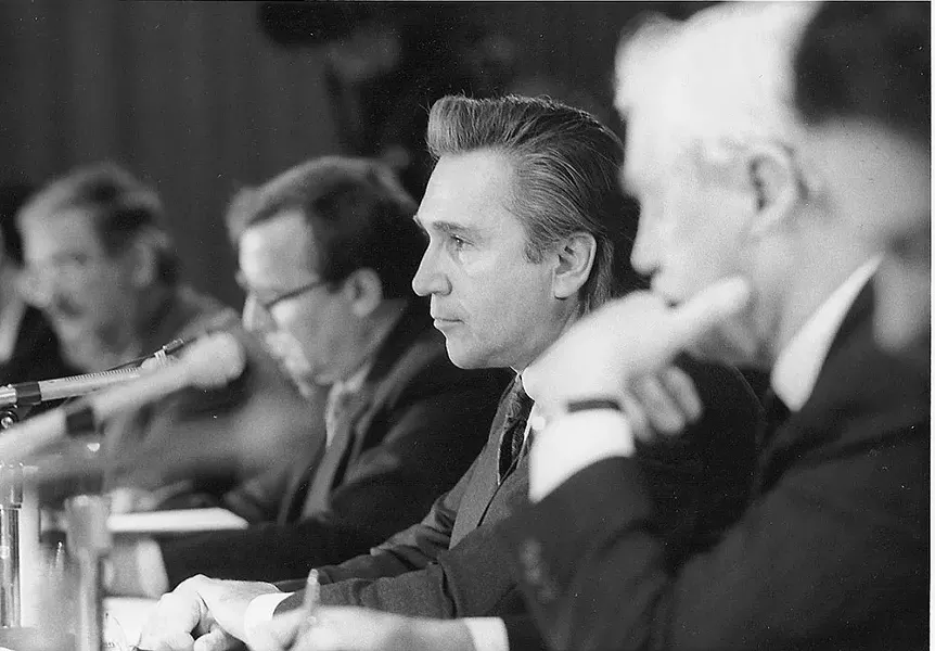 Assemblyman Hinchey chairing a meeting of the Environmental Conservation Committee in the late 1970s.