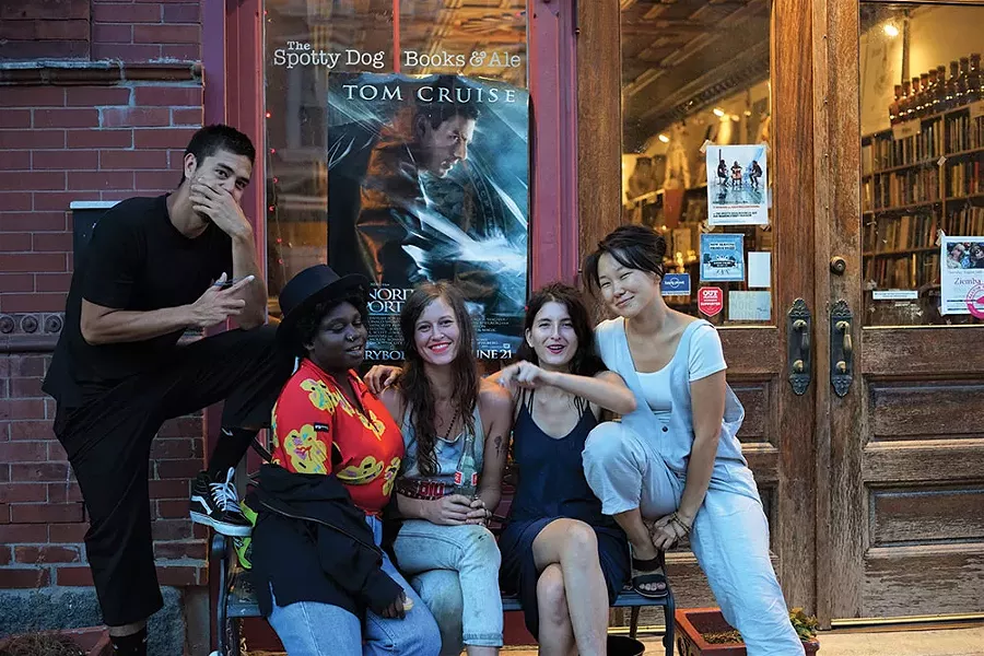 Tomm Roeschlein, Shanekia McIntosh, Sara Beckley, Rebecca Becker, and Enky Bayar in front of The Spotty Dog Books and Ale in Hudson. - JOHN GARAY