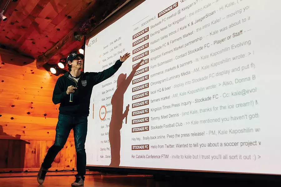 Foursquare founder Dennis Crowley presenting at the 2016 Catskills Conf. - TOM EBERHARDT-SMITH