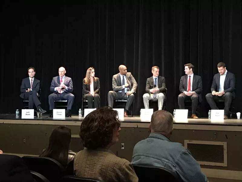 Candidates from left to right—Jeff Beals, David Clegg, Erin Collier, Antonio Delgado, Brian Flynn, Gareth Rhodes, Pat Ryan—at a forum in Kingston on April 26.
