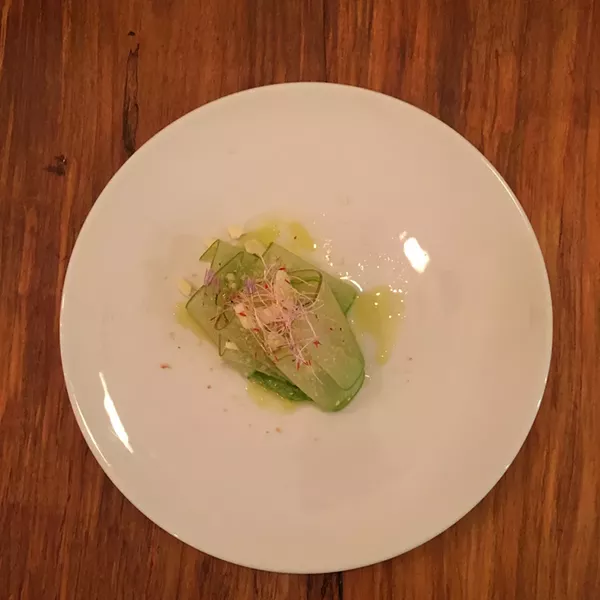 Shaved apple, kohlrabi, shattered cheddar, dill creme fraiche, hazelnut and horseradish snow - MARIE DOYON