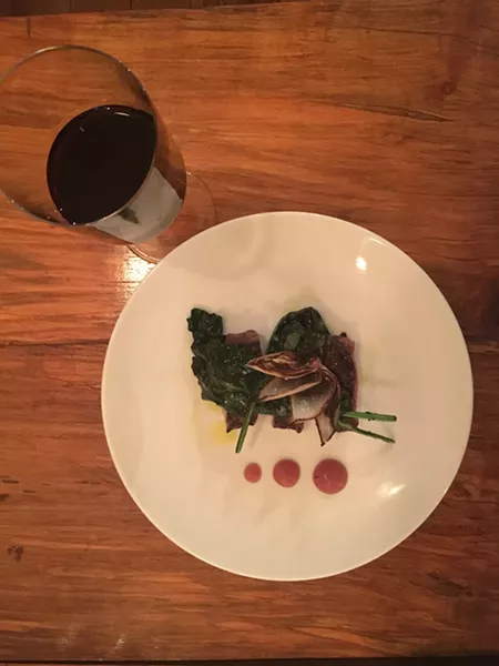 Akaushi beef, red radish fluid gel, compressed broccoli leaf, double Worcestershire - MARIE DOYON
