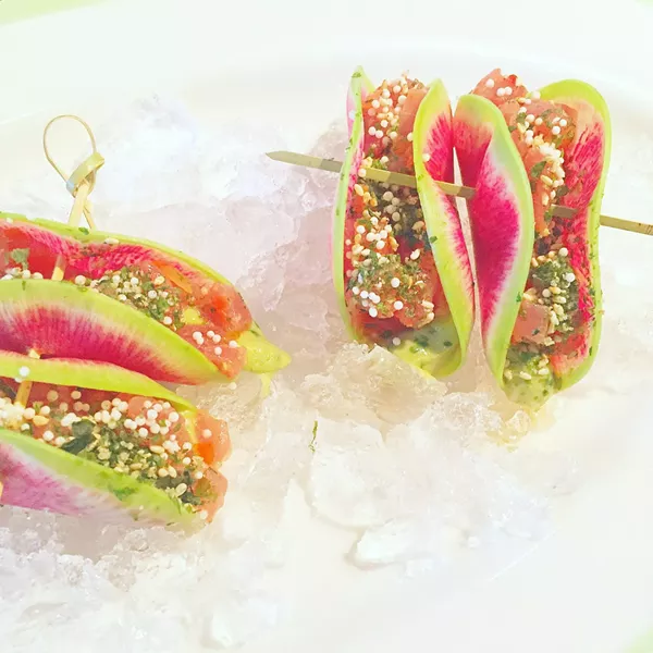 Tuna Tartare wrapped in Watermelon Radish with Furikake, Avocado, Ponzu & Sambal.