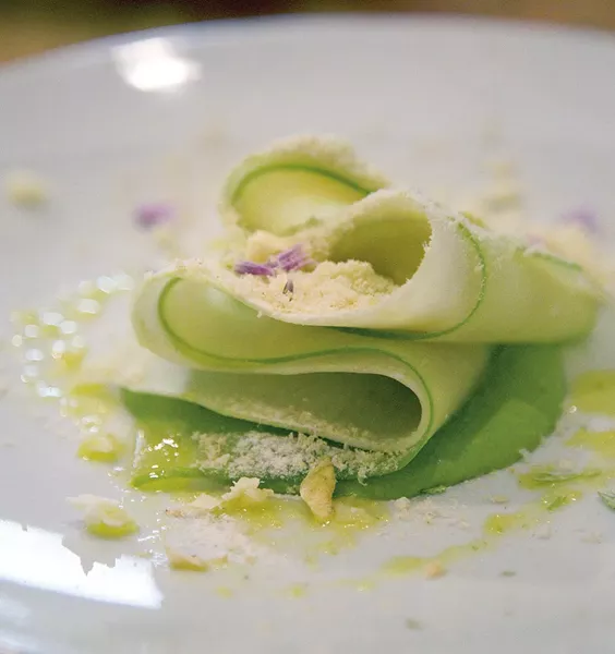 An Apple a Day—shaved apple, kohlrabi, shattered cheddar, and dill creme fraiche dusted with hazelnut and horseradish snow. - PETER BARRETT