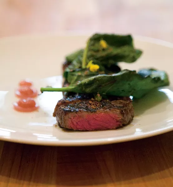 Never Mind the Bullocks: Akahushi beef with cured beef heart, compressed broccoli leaf, red radish fluid gel, and double Worcestershire sauce. - PETER BARRETT