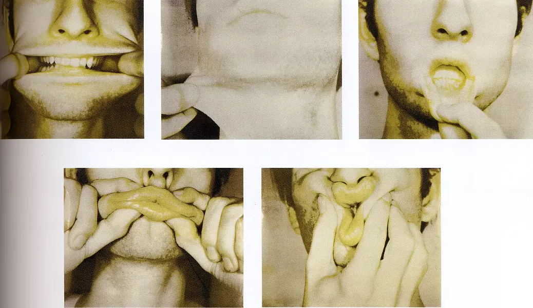 Still from the movie Bruce Nauman: The Godfather of Modern Art, Dir. Robin Dashwood, 2004. Pictured: Bruce Nauman's Pulling Mouth, 1968