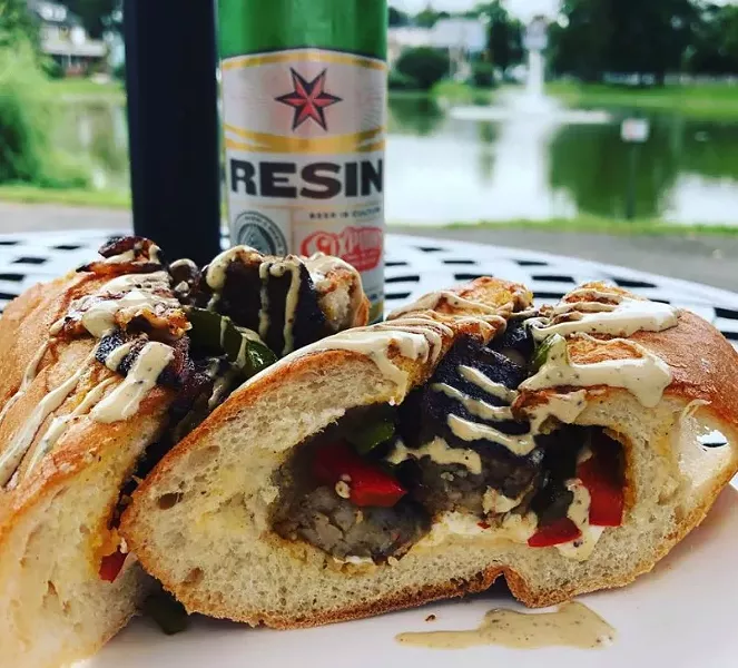 A happy hour-only treat: Sausage and peppers sandwich.