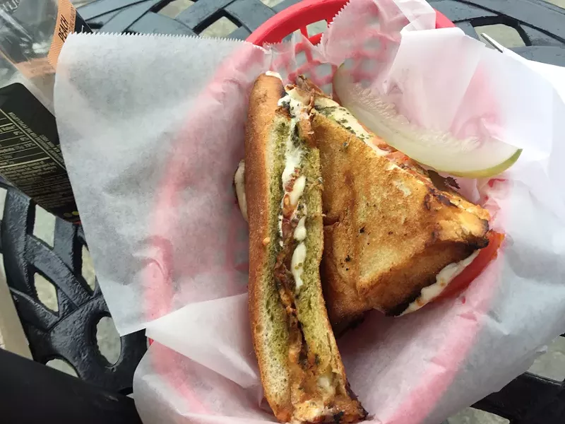 The Shelter House panini: hot-pressed Buffalo mozzarella, tomato, and pesto.